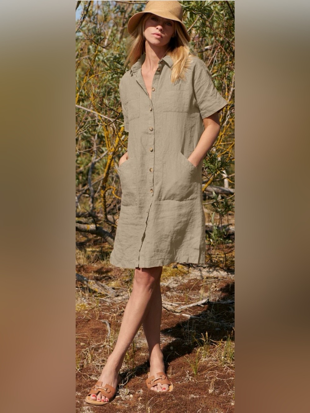 Sauths Audrey Shirt Dress 100% Linen Beige Medium Lagenlook Quiet Luxury Utility